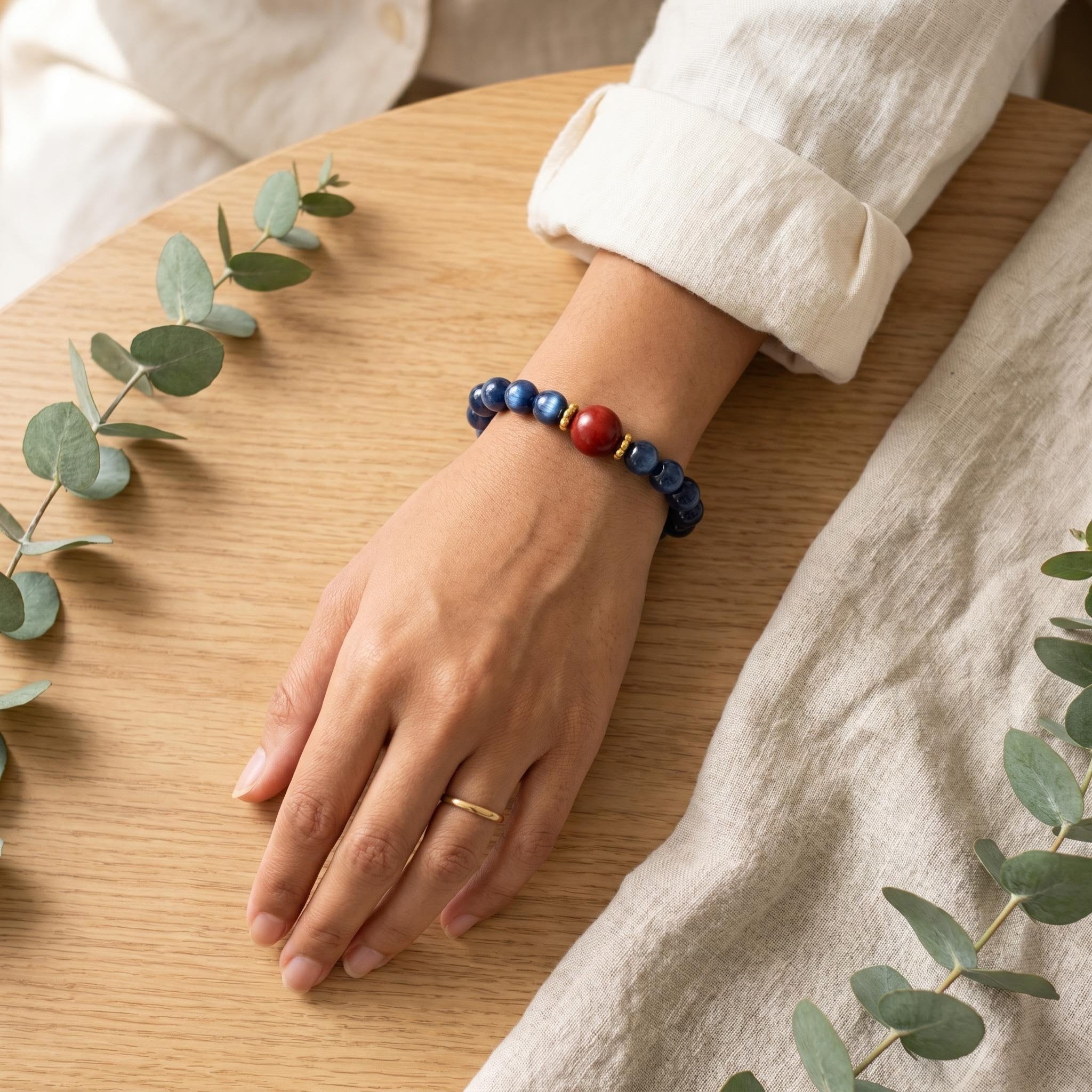 Healing Crystal Bracelet — Blue Kyanite & Handcrafted Herbal Hexiang Bead with Agarwood · Rose · Sandalwood | Aromatherapy Bracelet for Meditation & Daily Wear