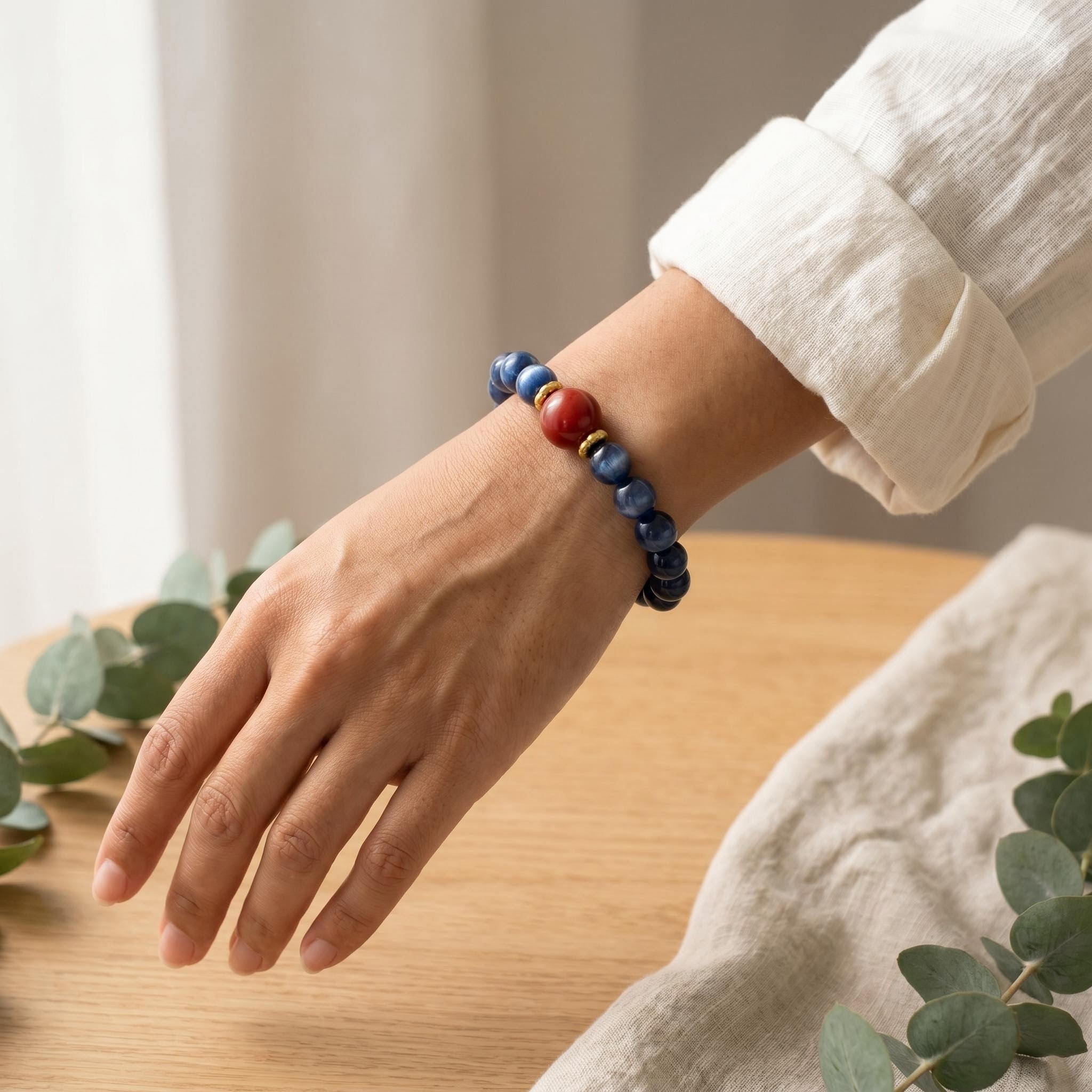 Healing Crystal Bracelet — Blue Kyanite & Handcrafted Herbal Hexiang Bead with Agarwood · Rose · Sandalwood | Aromatherapy Bracelet for Meditation & Daily Wear