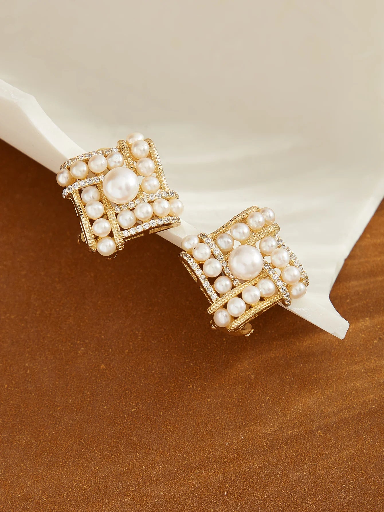 Lustre Mosaic Freshwater White Pearl Studs