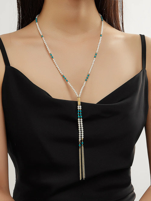 Beaded Tassel Freshwater White Pearl Necklace