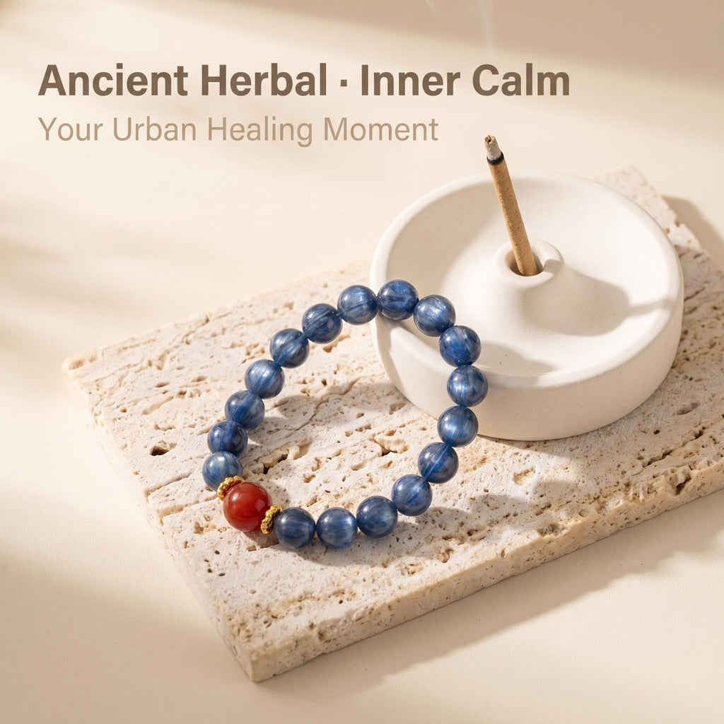 Healing Crystal Bracelet — Blue Kyanite & Handcrafted Herbal Hexiang Bead with Agarwood · Rose · Sandalwood | Aromatherapy Bracelet for Meditation & Daily Wear