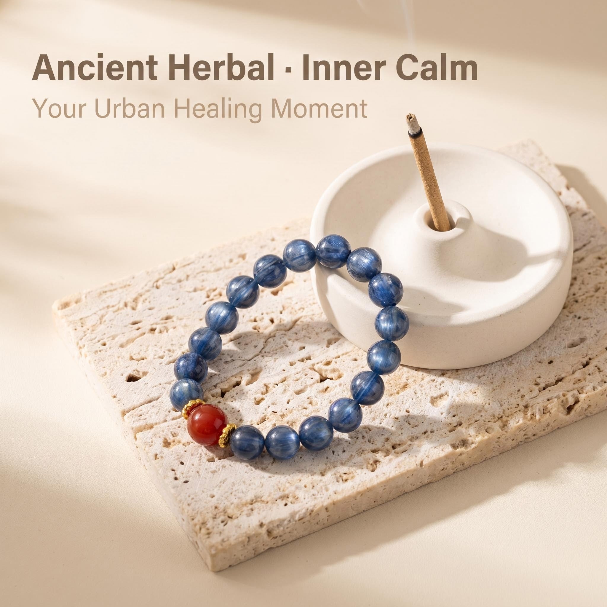 Healing Crystal Bracelet — Blue Kyanite & Handcrafted Herbal Hexiang Bead with Agarwood · Rose · Sandalwood | Aromatherapy Bracelet for Meditation & Daily Wear