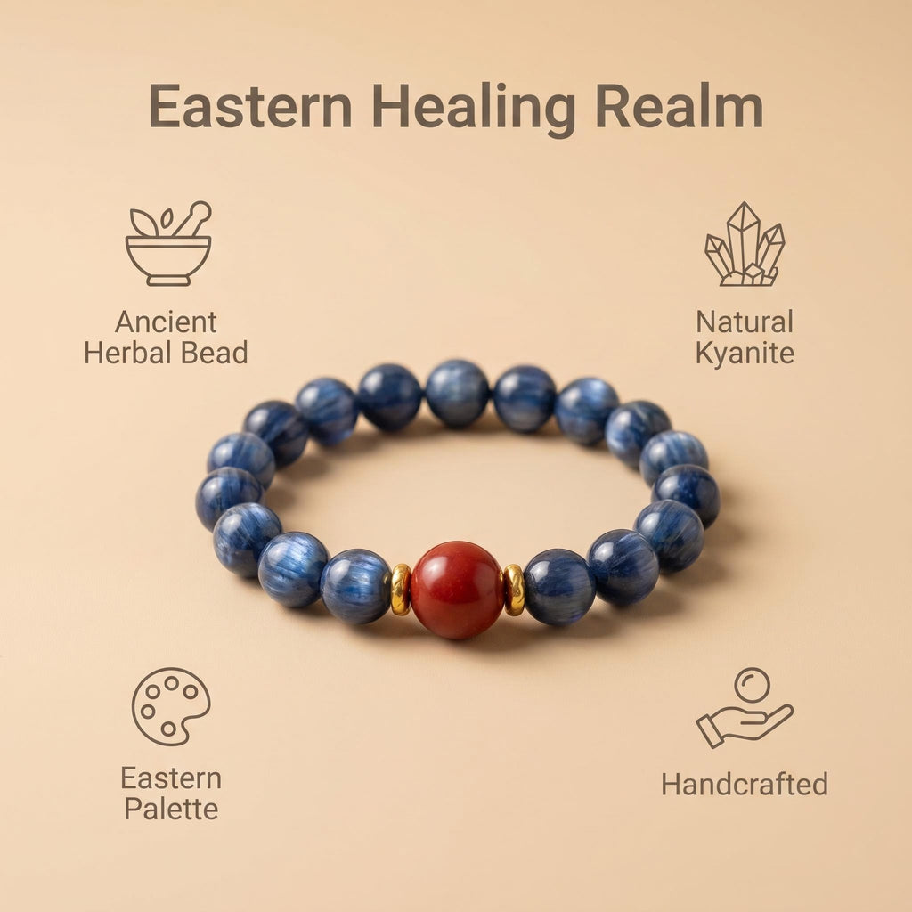 Healing Crystal Bracelet — Blue Kyanite & Handcrafted Herbal Hexiang Bead with Agarwood · Rose · Sandalwood | Aromatherapy Bracelet for Meditation & Daily Wear